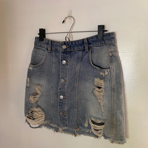Free People Distressed Denim Button Up Skirt - Picture 2 of 6